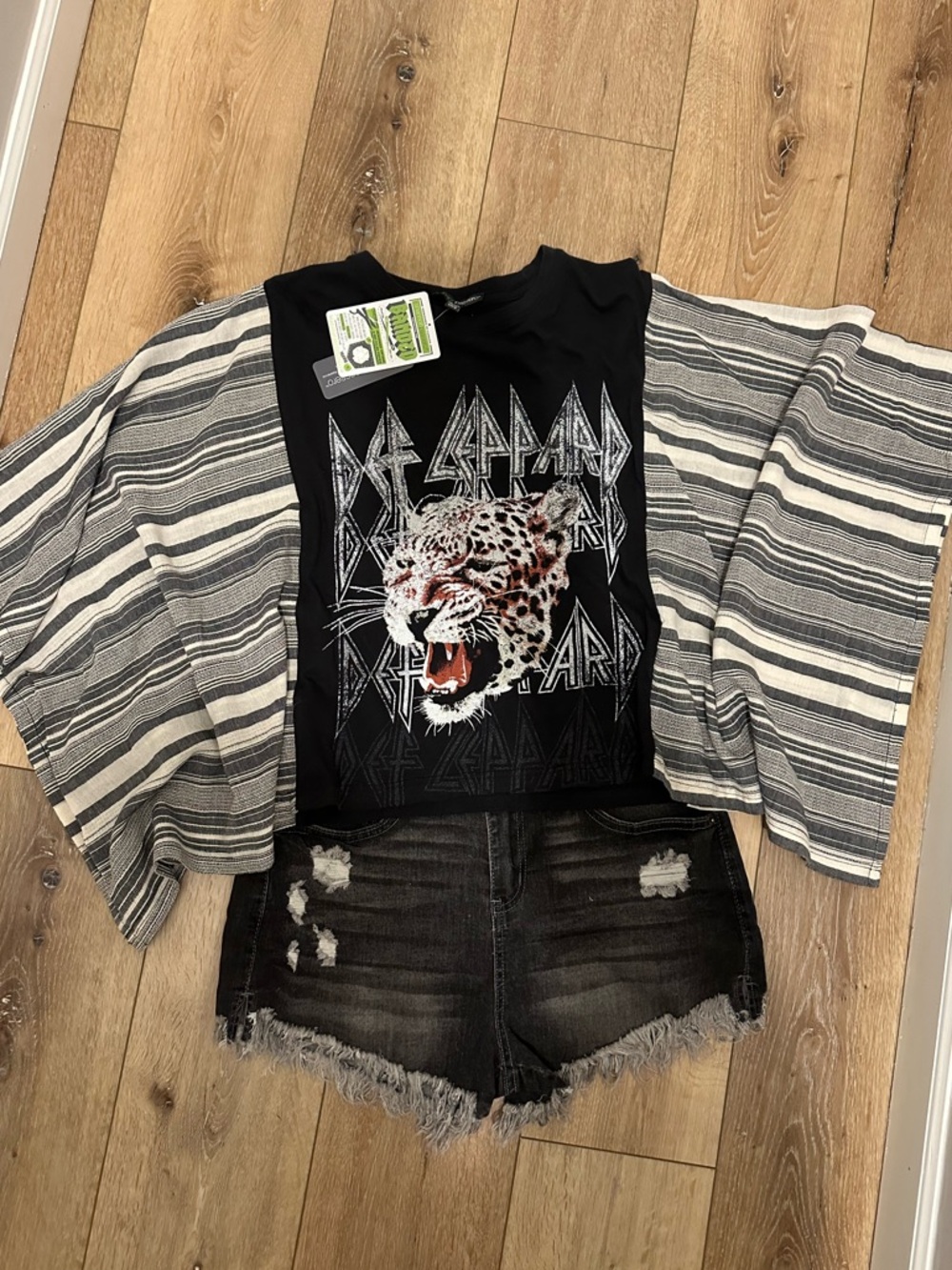 Shannon Passero Upcycled Def Leppard Band Tee with Striped Kimono Sleeves